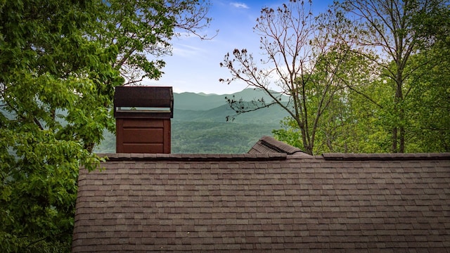 details with roof with shingles and a mountain view
