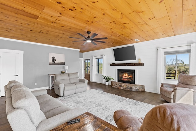 living room featuring dark wood-type flooring, a stone fireplace, wooden ceiling, and plenty of natural light