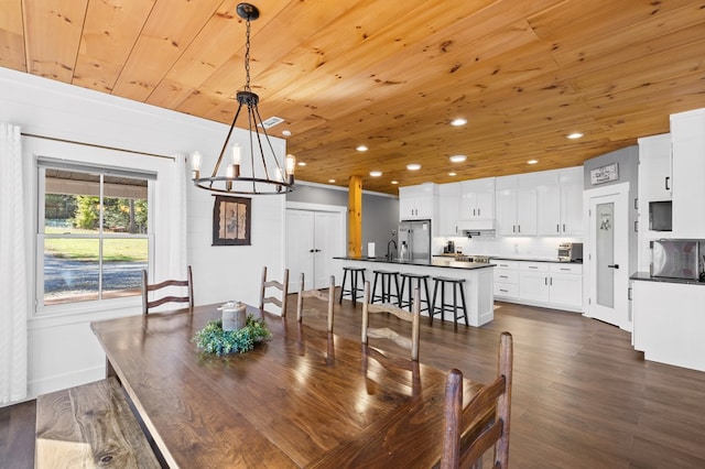 dining room featuring wood ceiling, a notable chandelier, and dark hardwood / wood-style flooring