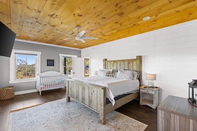 bedroom with dark wood-type flooring, ceiling fan, crown molding, and wooden ceiling