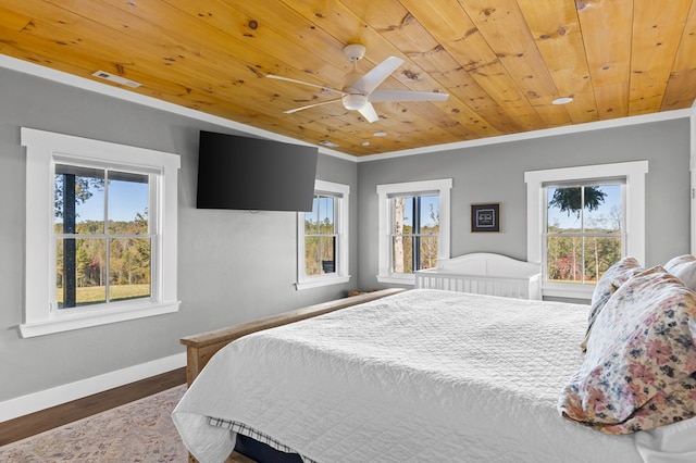 bedroom featuring ornamental molding, wood ceiling, dark hardwood / wood-style floors, and ceiling fan