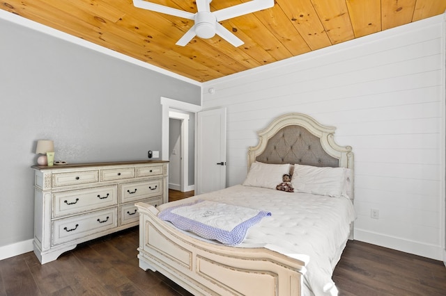 bedroom with dark hardwood / wood-style floors, wooden ceiling, and ceiling fan