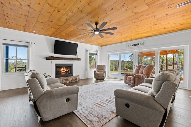 living room featuring dark wood-type flooring, a fireplace, a healthy amount of sunlight, and wooden ceiling