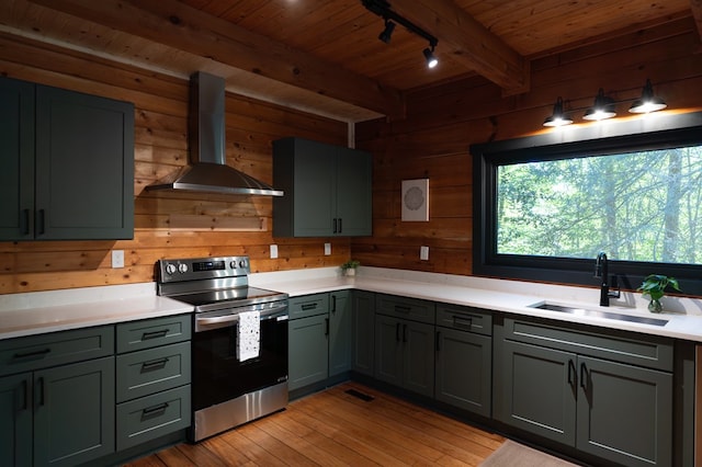 365 Browns Cove Rd, Blue Ridge, GA 30513 - kitchen with wall chimney exhaust hood, stainless steel electric range, a sink, wood ceiling with exposed beams, and light wood-style floors