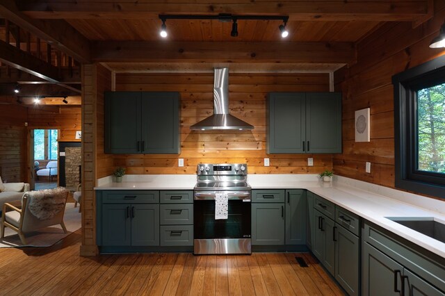 365 Browns Cove Rd, Blue Ridge, GA 30513 - kitchen with electric range, wall chimney exhaust hood, track lighting, wood walls, and light wood-style flooring