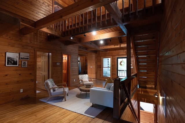365 Browns Cove Rd, Blue Ridge, GA 30513 - living area featuring wooden walls, hardwood / wood-style flooring, and wooden ceiling with exposed beams