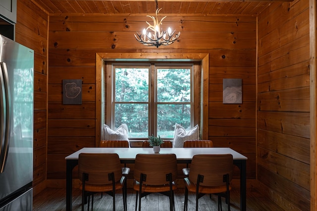 365 Browns Cove Rd, Blue Ridge, GA 30513 - dining room with wooden ceiling, wooden walls, a chandelier, and wood-type flooring