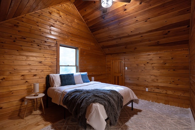 365 Browns Cove Rd, Blue Ridge, GA 30513 - bedroom featuring vaulted ceiling, wooden ceiling, light wood-style floors, and wooden walls