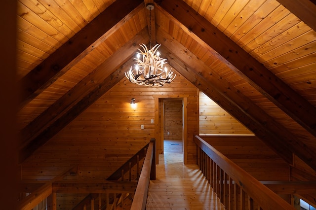 365 Browns Cove Rd, Blue Ridge, GA 30513 - hallway featuring a chandelier, an upstairs landing, wooden walls, wood ceiling, and hardwood / wood-style flooring