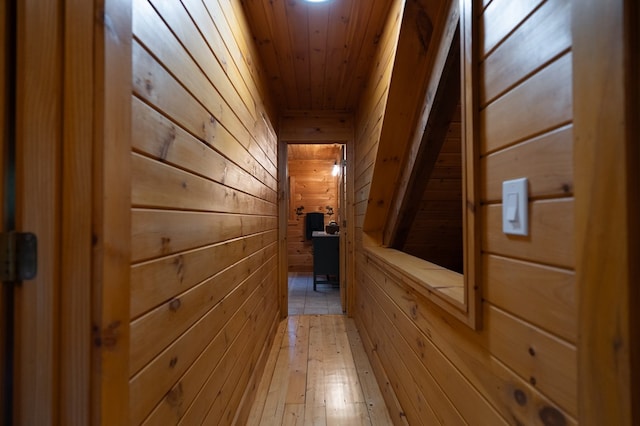 365 Browns Cove Rd, Blue Ridge, GA 30513 - hallway featuring wooden walls, wood ceiling, and light wood-type flooring