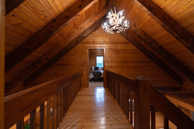 365 Browns Cove Rd, Blue Ridge, GA 30513 - corridor with an upstairs landing, wooden ceiling, a chandelier, wooden walls, and light wood-type flooring