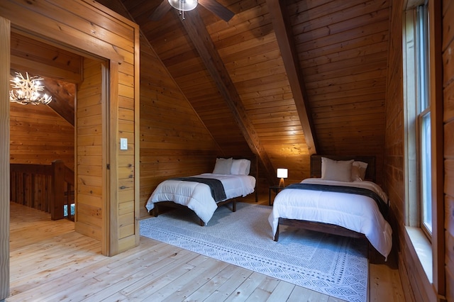 365 Browns Cove Rd, Blue Ridge, GA 30513 - bedroom with a chandelier, wood ceiling, light wood finished floors, and wooden walls