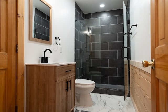 365 Browns Cove Rd, Blue Ridge, GA 30513 - full bathroom featuring marble look tiles, toilet, vanity, a stall shower, and recessed lighting
