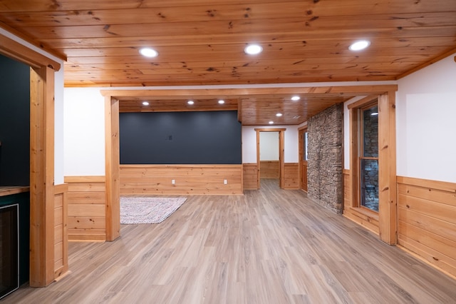 365 Browns Cove Rd, Blue Ridge, GA 30513 - unfurnished living room featuring a wainscoted wall, wood finished floors, wood ceiling, beverage cooler, and recessed lighting