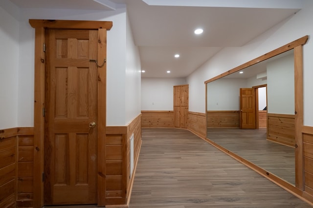 365 Browns Cove Rd, Blue Ridge, GA 30513 - hallway featuring a wainscoted wall, wood finished floors, recessed lighting, and wooden walls