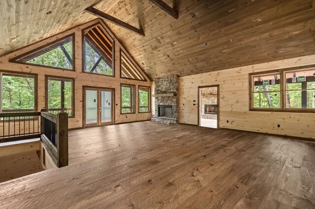 unfurnished living room with wood-type flooring, high vaulted ceiling, wood walls, and a fireplace