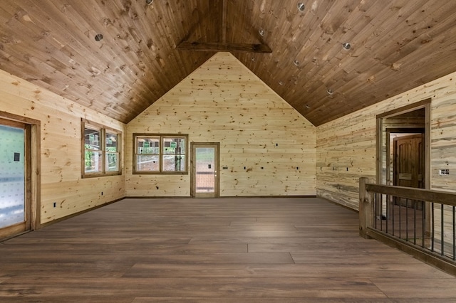 spare room featuring dark wood-type flooring, wood walls, wooden ceiling, and high vaulted ceiling