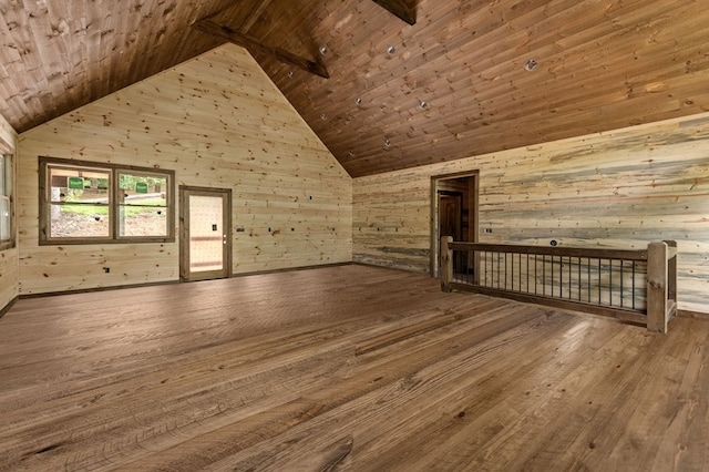 bonus room featuring wooden walls, high vaulted ceiling, hardwood / wood-style floors, and wooden ceiling