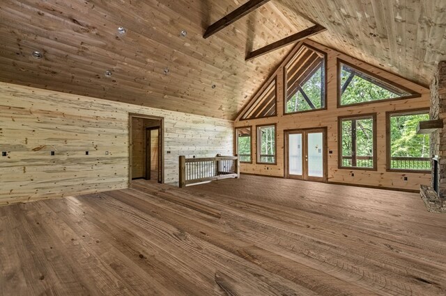 unfurnished living room featuring hardwood / wood-style flooring, wood walls, wooden ceiling, and high vaulted ceiling