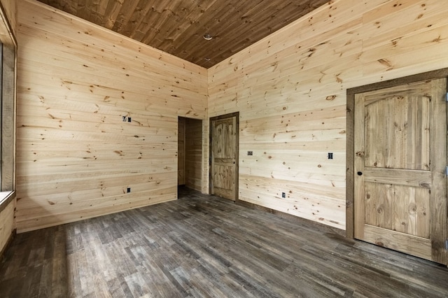 unfurnished room featuring dark wood-style floors, wood walls, and wood ceiling