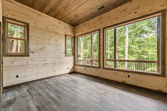 spare room featuring wood walls, wooden ceiling, and dark wood-style flooring