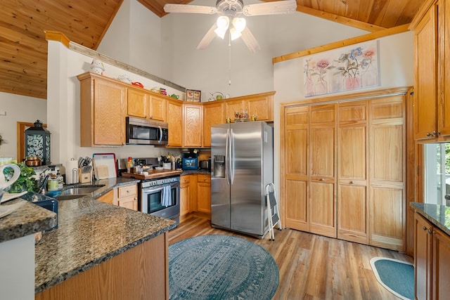 904 Villa Dr, Ellijay, GA 30540 - kitchen with stainless steel appliances, wood ceiling, light wood finished floors, a peninsula, and dark stone counters