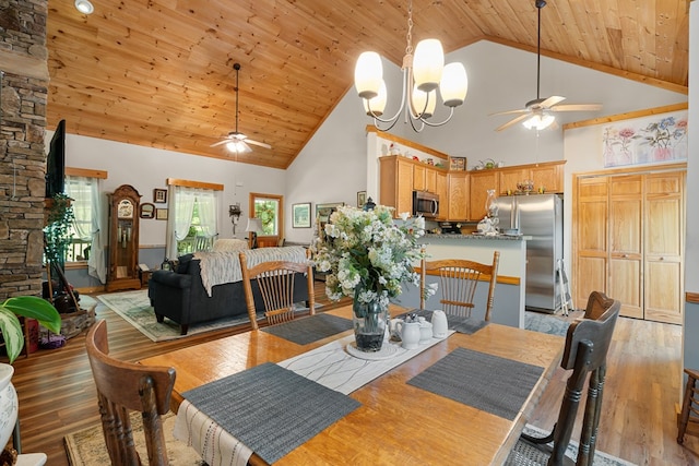 904 Villa Dr, Ellijay, GA 30540 - dining room with ceiling fan, high vaulted ceiling, wood ceiling, light wood finished floors, and a chandelier