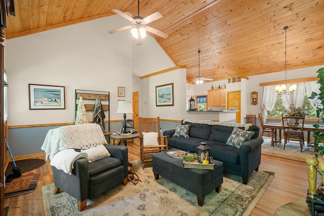904 Villa Dr, Ellijay, GA 30540 - living room with ceiling fan, wooden ceiling, a chandelier, high vaulted ceiling, and light wood-type flooring