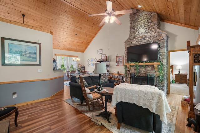 904 Villa Dr, Ellijay, GA 30540 - living area featuring high vaulted ceiling, ceiling fan, wooden ceiling, wood finished floors, and a fireplace