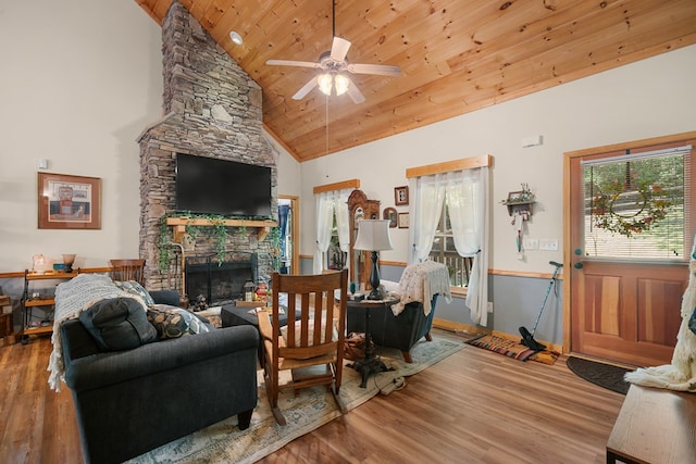 904 Villa Dr, Ellijay, GA 30540 - living room featuring wooden ceiling, wood finished floors, a fireplace, a ceiling fan, and high vaulted ceiling