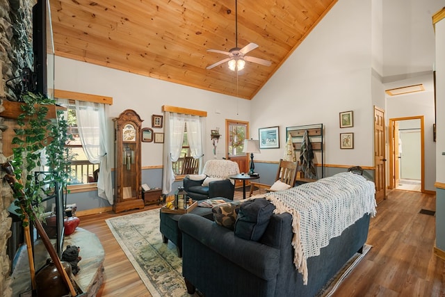 904 Villa Dr, Ellijay, GA 30540 - living room with ceiling fan, wood ceiling, high vaulted ceiling, and wood finished floors