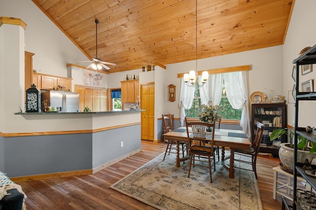904 Villa Dr, Ellijay, GA 30540 - dining space with a chandelier, light wood-style flooring, wood ceiling, a ceiling fan, and high vaulted ceiling