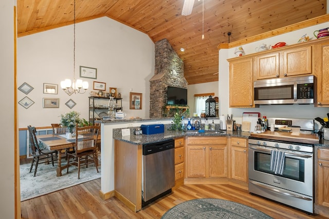 904 Villa Dr, Ellijay, GA 30540 - kitchen with stainless steel appliances, a peninsula, light wood finished floors, wood ceiling, and a chandelier