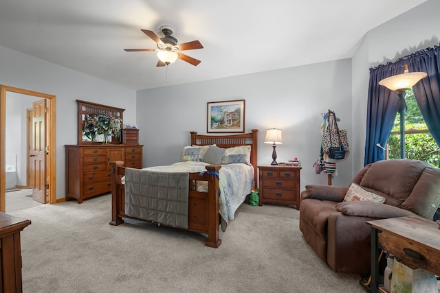 904 Villa Dr, Ellijay, GA 30540 - bedroom featuring light carpet, a ceiling fan, and ensuite bathroom
