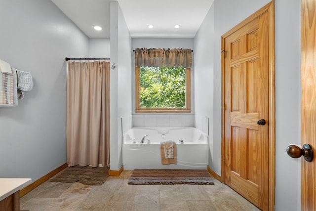 904 Villa Dr, Ellijay, GA 30540 - bathroom featuring a bath, vanity, and a shower with curtain