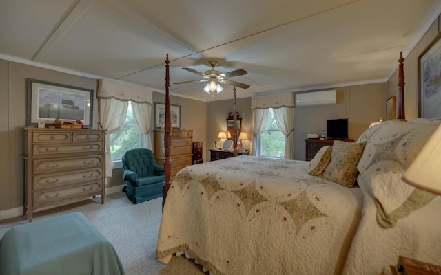 bedroom featuring multiple windows, ceiling fan, light colored carpet, and a wall mounted air conditioner