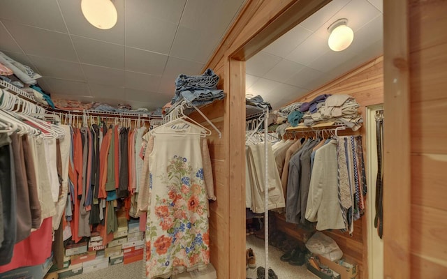 spacious closet featuring carpet floors and vaulted ceiling