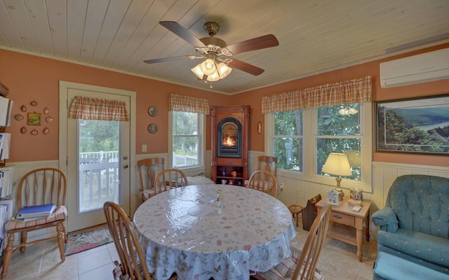 tiled dining room with crown molding, a wall mounted AC, wooden ceiling, and ceiling fan