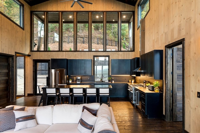interior space featuring a sink, high end appliances, high vaulted ceiling, light countertops, and dark wood-style floors