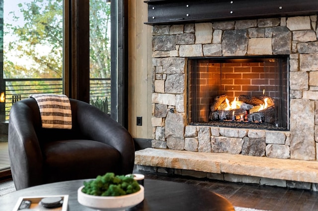 interior space with a stone fireplace and wood finished floors