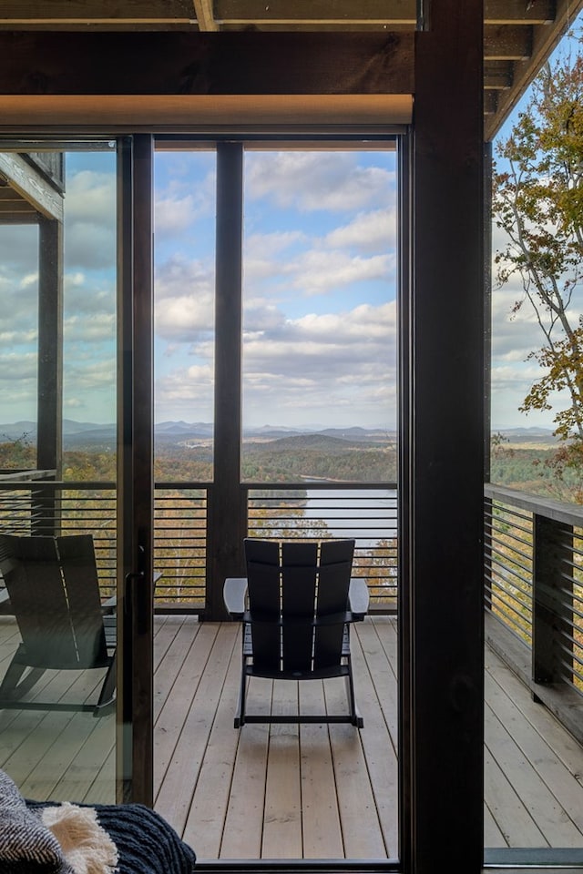 interior space with a water view