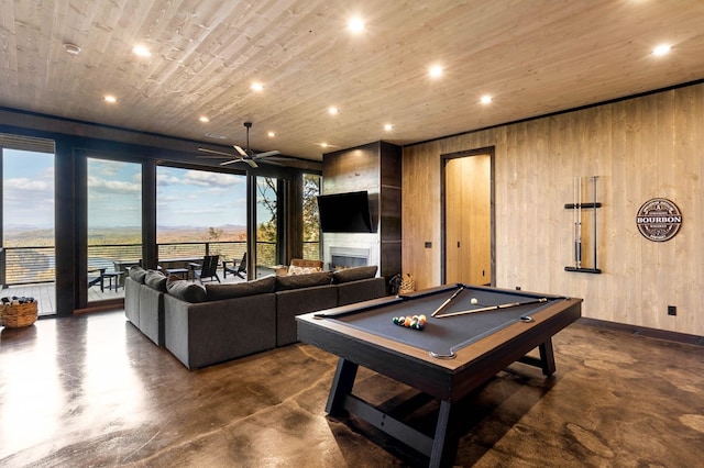 rec room featuring billiards, ceiling fan, finished concrete flooring, and recessed lighting