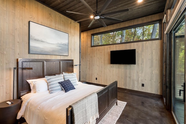 bedroom featuring wooden ceiling, wood walls, and concrete floors