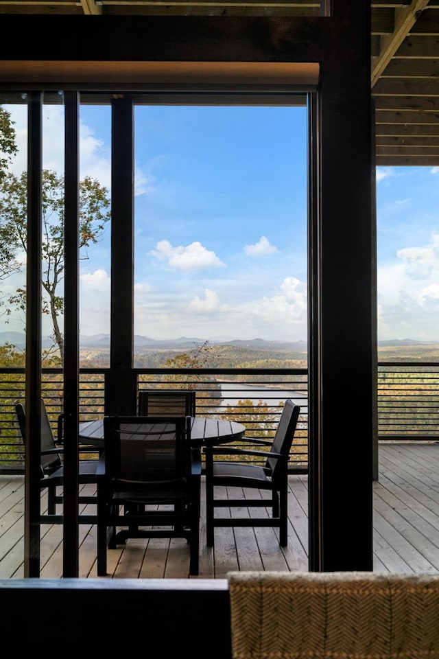 interior space with a mountain view, plenty of natural light, and wood-type flooring