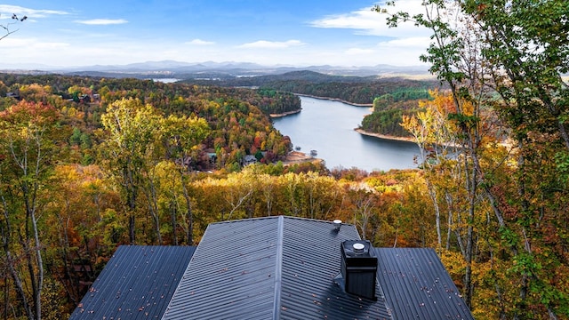 drone / aerial view featuring a forest view and a water and mountain view