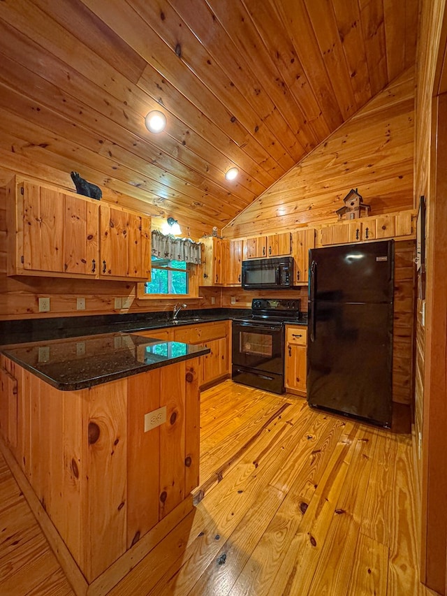 kitchen featuring black appliances, vaulted ceiling, a peninsula, wood ceiling, and wooden walls