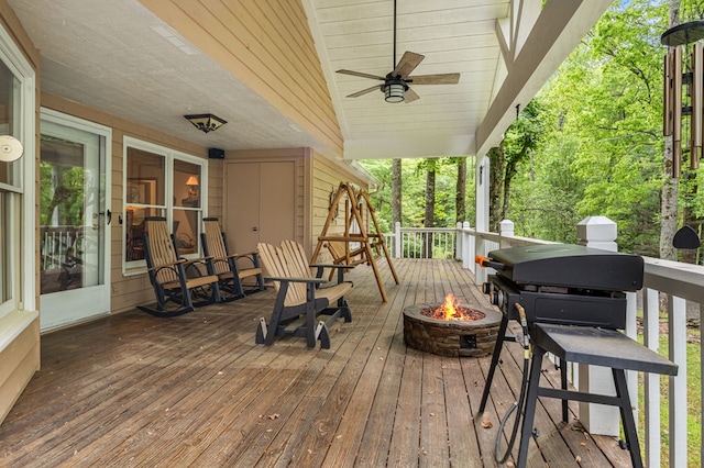 177 Lake Dr, Topton, NC 28781 - deck featuring a fire pit and a ceiling fan