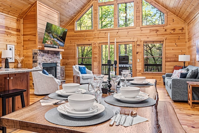 living room featuring wooden walls, high vaulted ceiling, wood ceiling, and light wood-style floors