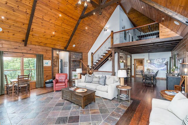 living room featuring beamed ceiling, wood ceiling, dark hardwood / wood-style floors, and high vaulted ceiling