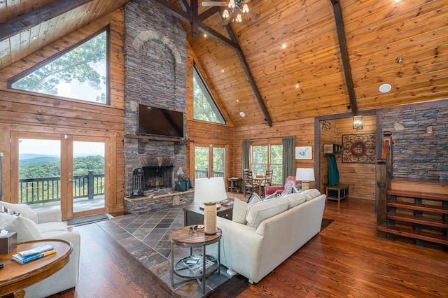 1363 NE Foxhound Trl, Ranger, GA 30734 - living room featuring high vaulted ceiling, wooden ceiling with exposed beams, wood finished floors, a stone fireplace, and wood walls